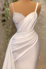 White Spaghetti Strap Long Mermaid Evening Dress with Pearls