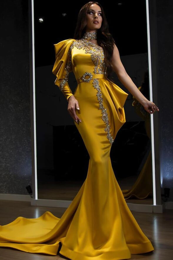 Yellow Halter One-Shoulder Mermaid Long Sleeve Evening Dress with Beading