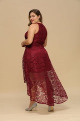 Burgundy Formal Dress Crew Neck Lace Evening Party Dress