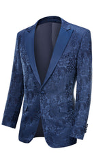 Elegant Dark Blue Peak Lapel Jacquard Men's Prom Suit