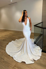 Fantasy White Sleeveless V Neck Halter Evening Dress with Sequins