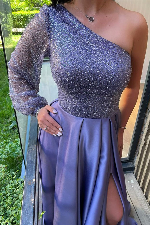 Lilac One Shoulder Long Sleeve Front Split Mermaid Evening Dress with Sequins