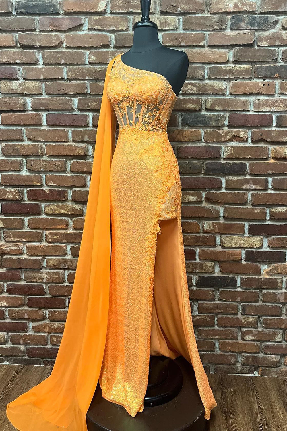 Sparkly Orange Corset One Shoulder Long Prom Dress with Deatchable Train