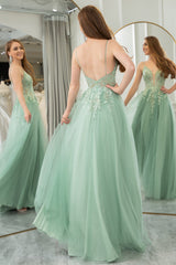 Green A Line Tulle Backless Long Prom Dress With Appliques