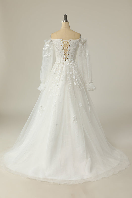 Luxurious A-Line Off-the-Shoulder White Wedding Dress with Appliques