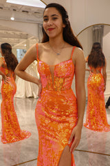 Sparkly Orange Mermaid Long Corset Prom Dress With Slit