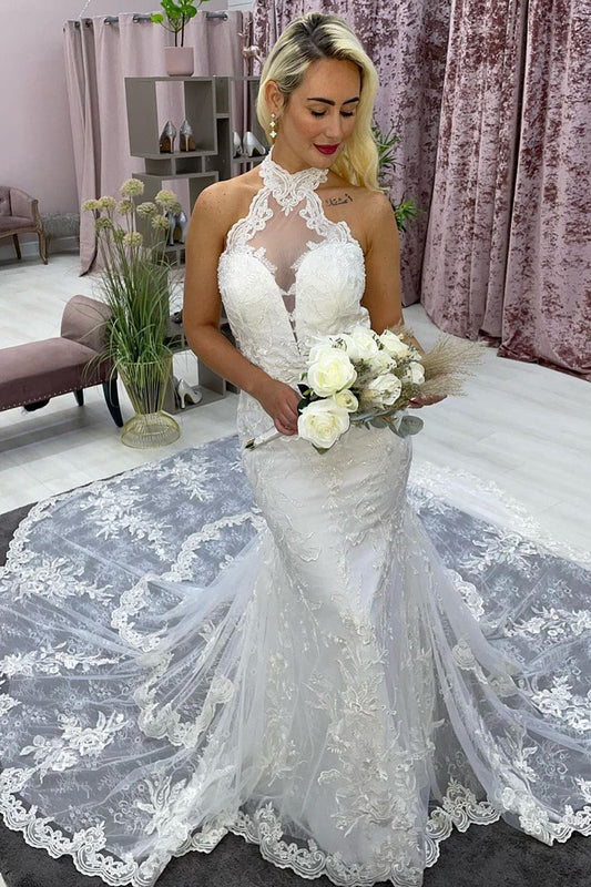 Elegant Ivory Halter Long Train Mermaid Wedding Dress with Appliques