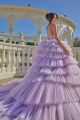 Lilac Ball Gown Evening Dress Sleeveless with Tulle Layered and Beads