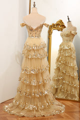 Glitter Golden A-Line Tiered Long Prom Dress with Lace