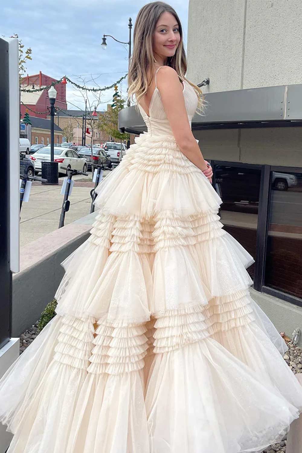 Beige Tulle Tiered Spaghetti Straps Long Prom Dress with Slit