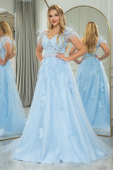 Light Blue A Line Appliqued Long Corset Prom Dress With Feathers