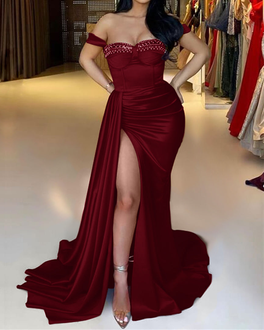 Red Split Mermaid Off-The-Shoulder Beadings Sweetheart Evening Dress Long with Ruffles