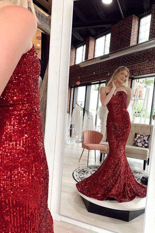 Burgundy Mermaid Sweetheart Sequins Long Prom Dress