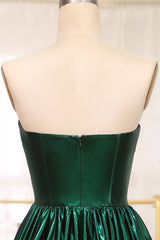 Sparkly Dark Green A Line Strapless Long Pleated Prom Dress