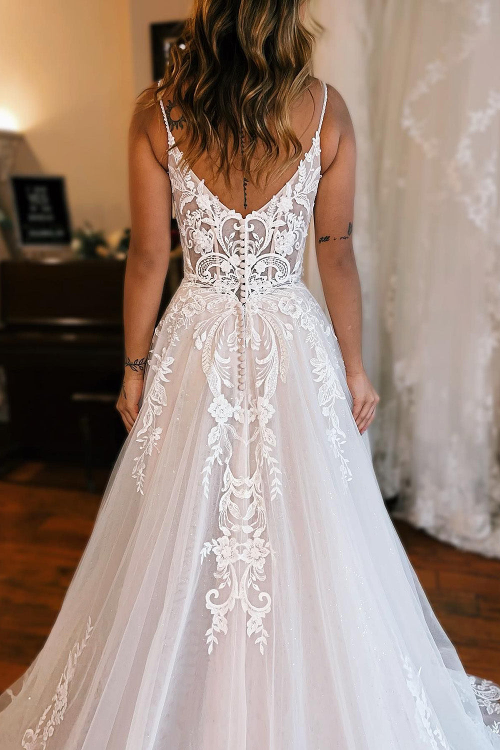 Unique Ivory Detachable Sleeve High Slit A-Line Wedding Dress with Appliques