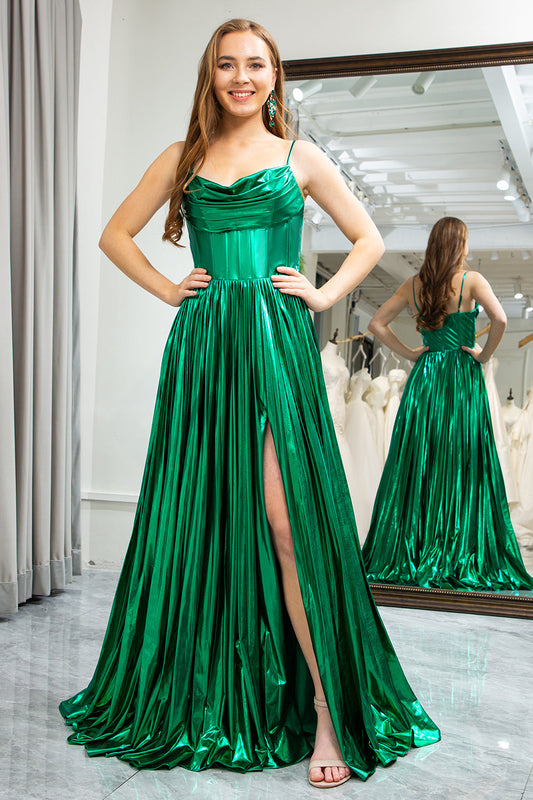 Glitter Dark Green A Line Spaghetti Straps Long Corset Prom Dress With Slit