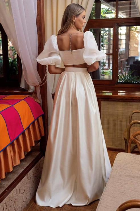 2pcs Square Neckline Beach Wedding Dress with A-line Flutter Sleeves