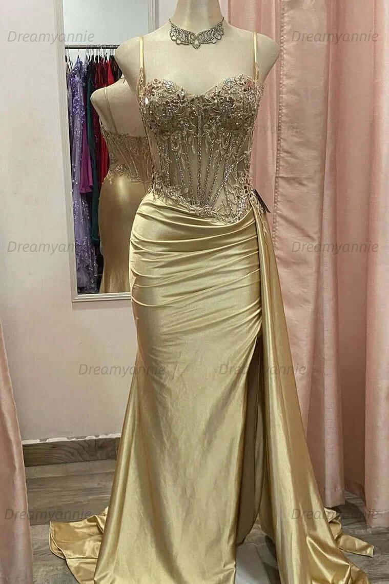 Corset Sequined Prom Dress Satin Appliqued Long Formal Dress With Slit