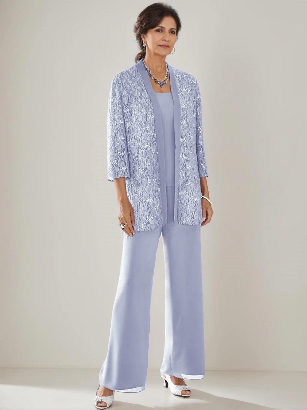 3 Pieces Scoop Neck 3/4 Sleeves Ankle-Length Mother of the Bride Pantsuits with Lace & Sequins & Jacket