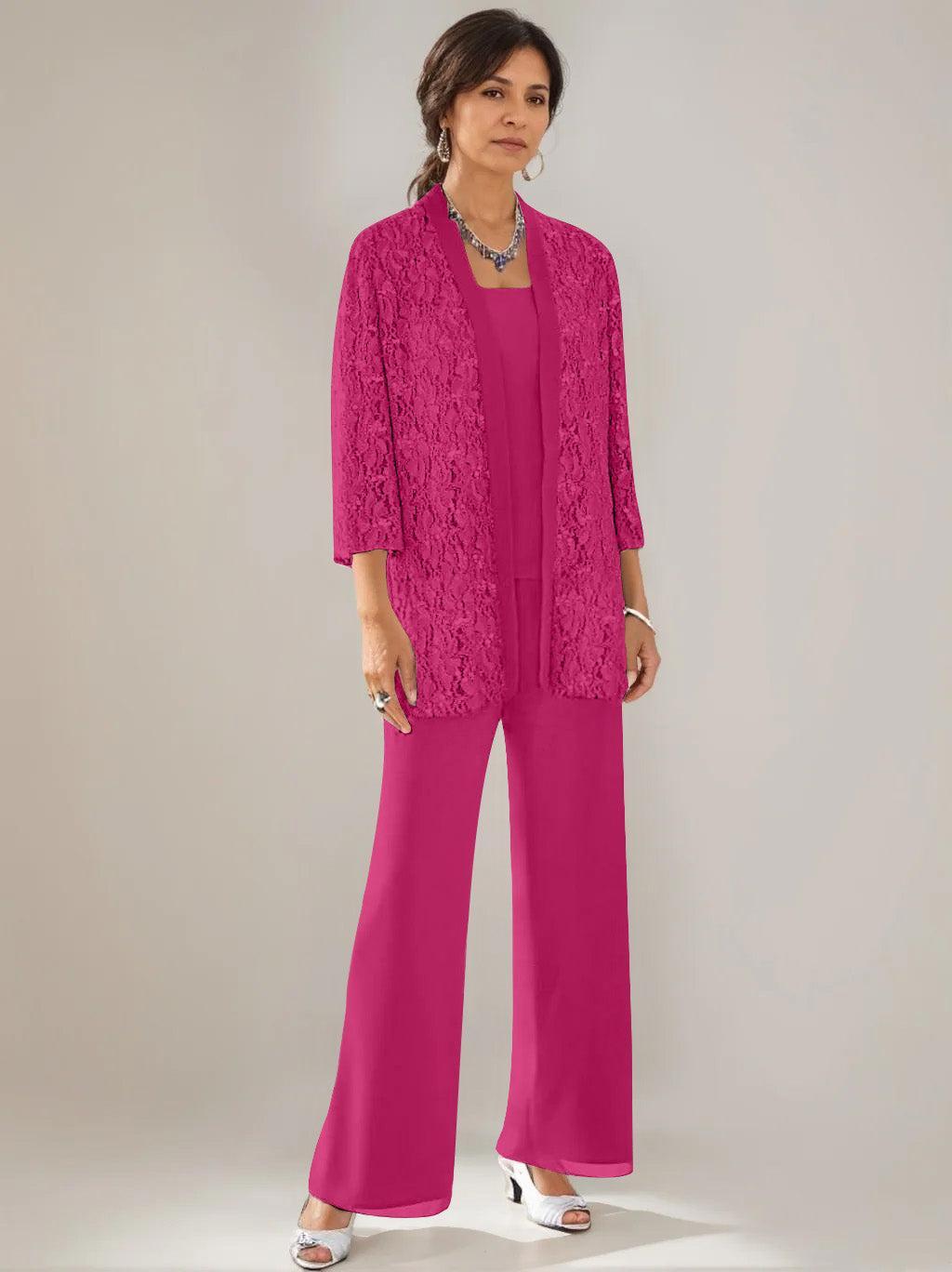 3 Pieces Scoop Neck 3/4 Sleeves Ankle-Length Mother of the Bride Pantsuits with Lace & Sequins & Jacket
