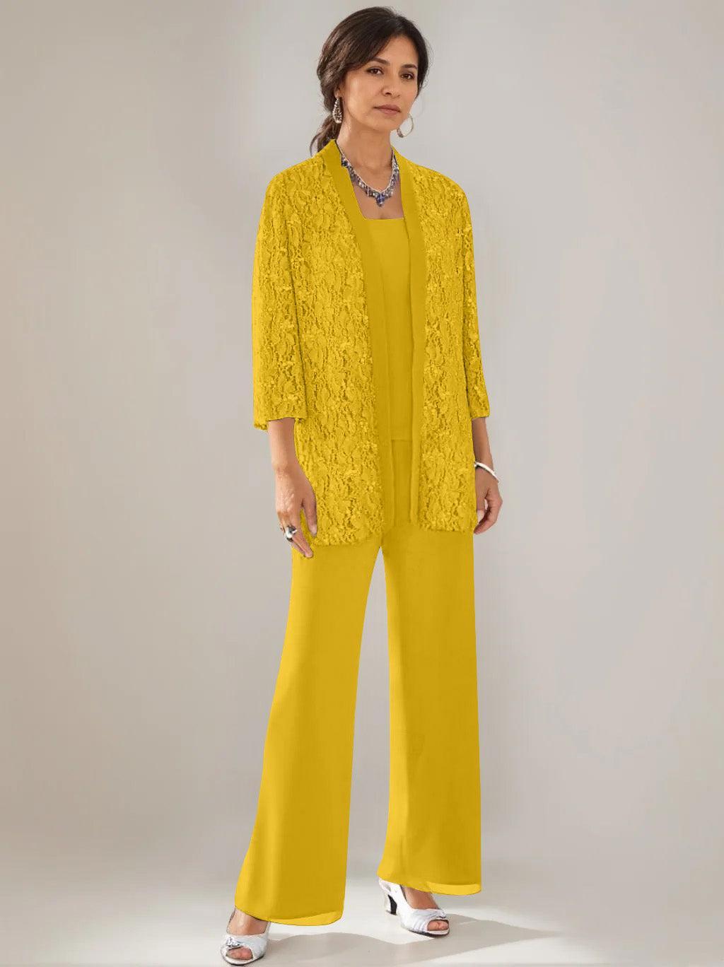 3 Pieces Scoop Neck 3/4 Sleeves Ankle-Length Mother of the Bride Pantsuits with Lace & Sequins & Jacket