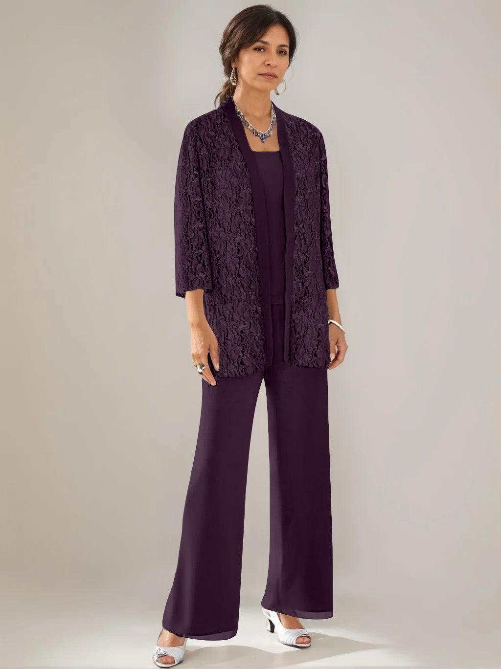 3 Pieces Scoop Neck 3/4 Sleeves Ankle-Length Mother of the Bride Pantsuits with Lace & Sequins & Jacket