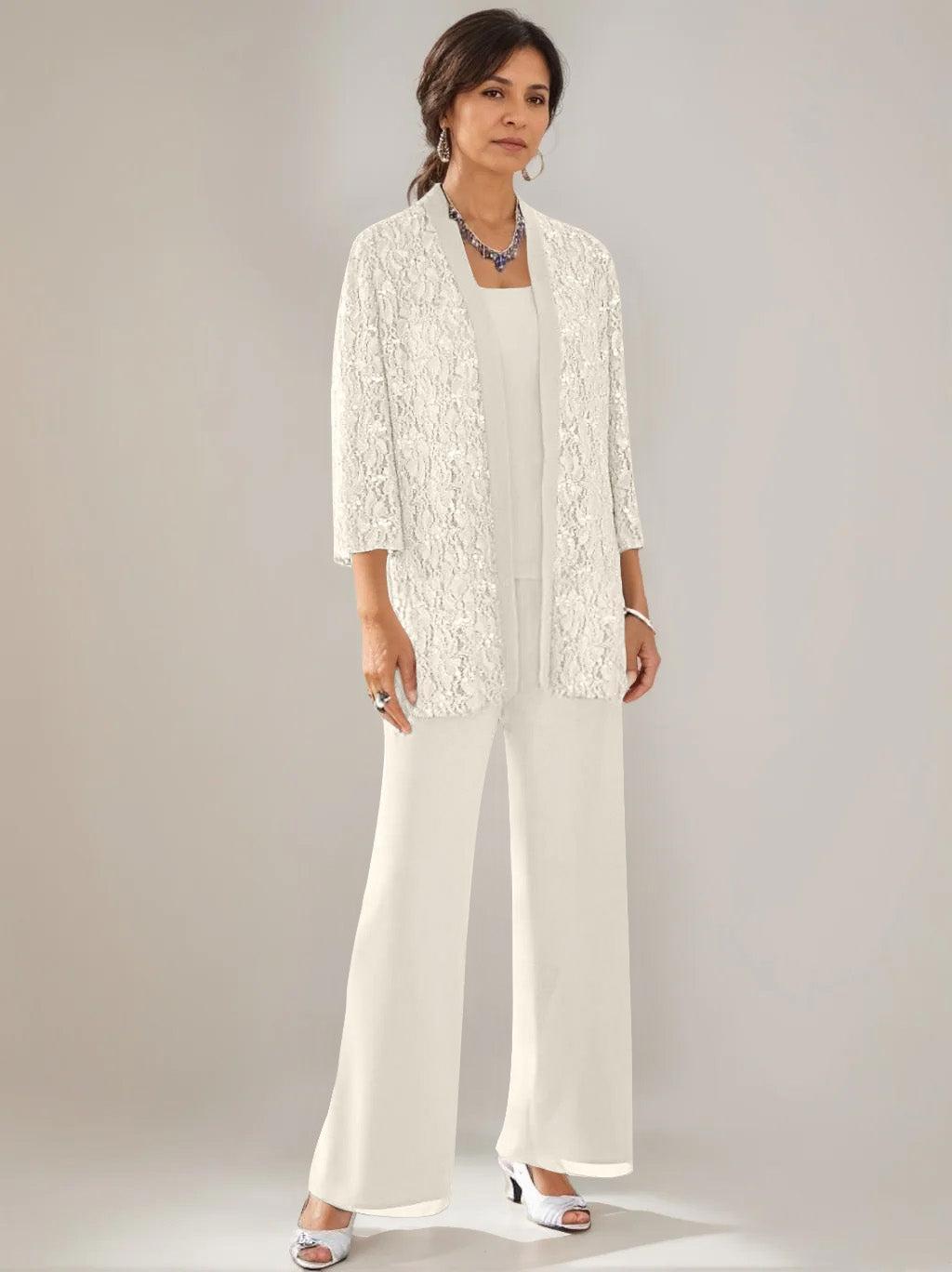 3 Pieces Scoop Neck 3/4 Sleeves Ankle-Length Mother of the Bride Pantsuits with Lace & Sequins & Jacket