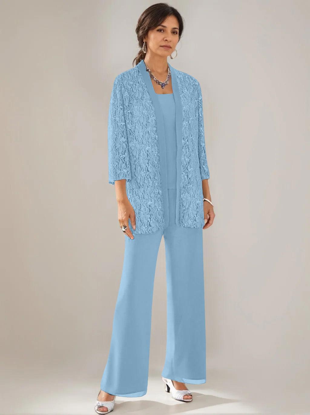 3 Pieces Scoop Neck 3/4 Sleeves Ankle-Length Mother of the Bride Pantsuits with Lace & Sequins & Jacket
