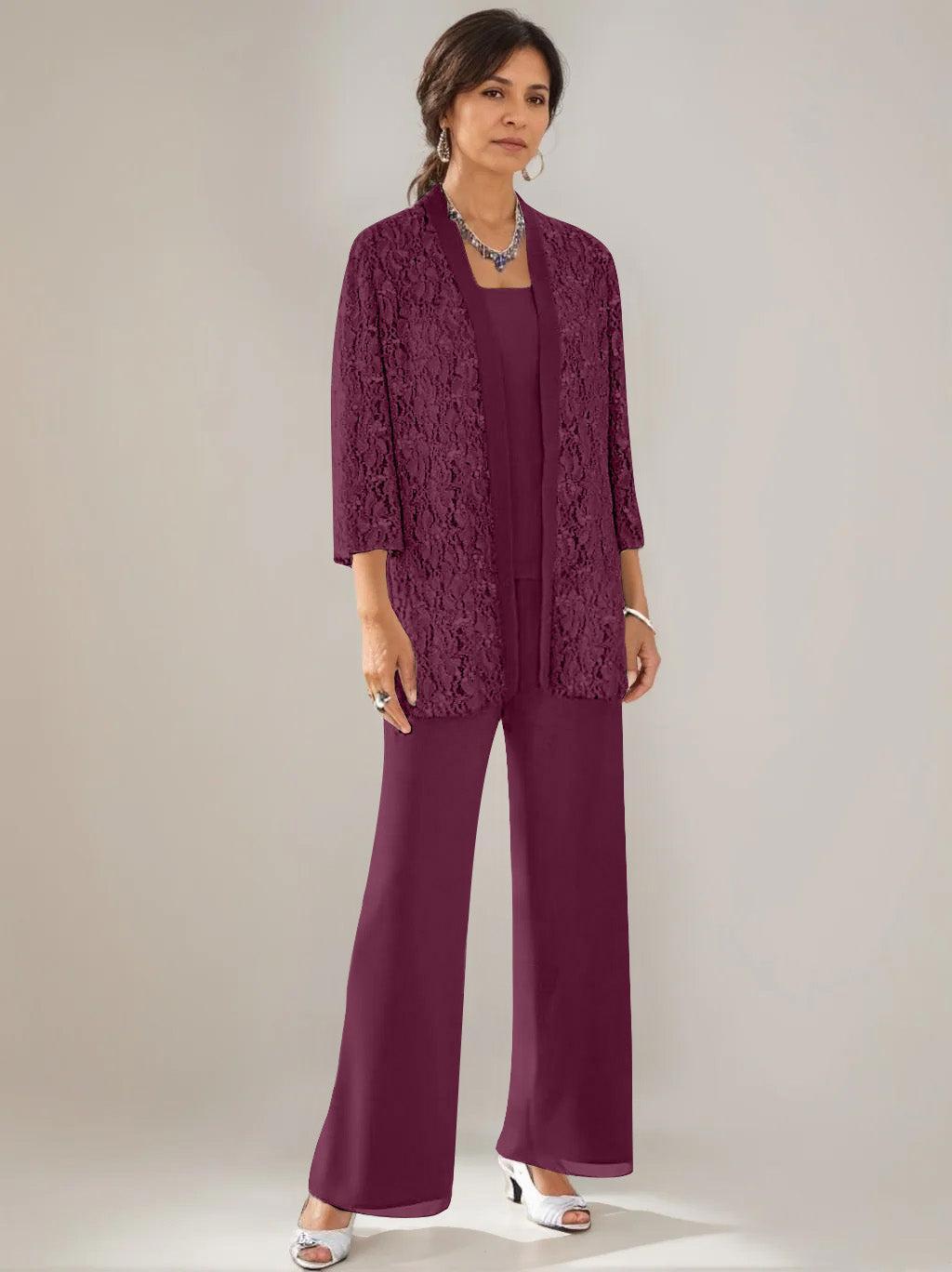 3 Pieces Scoop Neck 3/4 Sleeves Ankle-Length Mother of the Bride Pantsuits with Lace & Sequins & Jacket