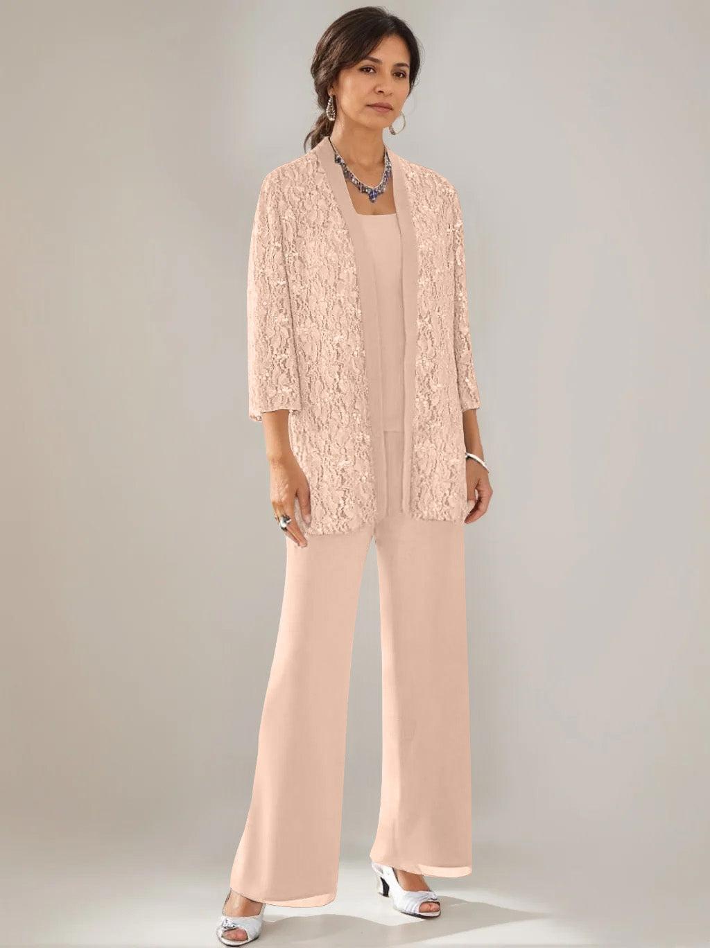 3 Pieces Scoop Neck 3/4 Sleeves Ankle-Length Mother of the Bride Pantsuits with Lace & Sequins & Jacket