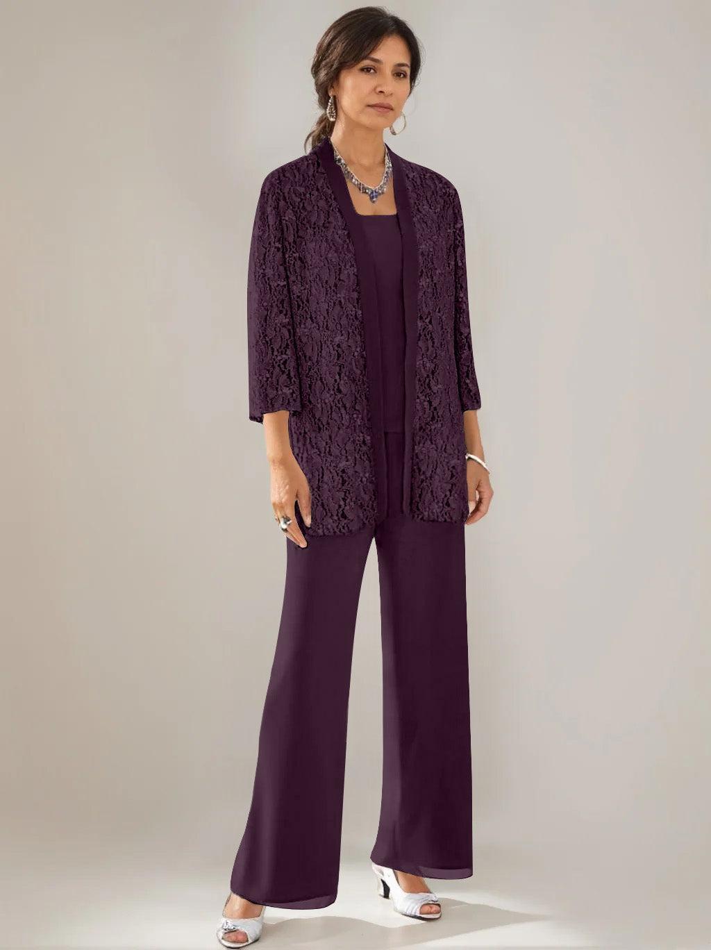 3 Pieces Scoop Neck 3/4 Sleeves Ankle-Length Mother of the Bride Pantsuits with Lace & Sequins & Jacket