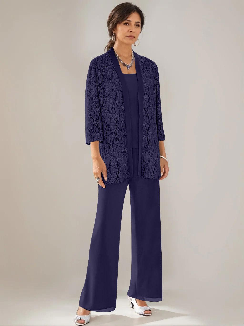 3 Pieces Scoop Neck 3/4 Sleeves Ankle-Length Mother of the Bride Pantsuits with Lace & Sequins & Jacket