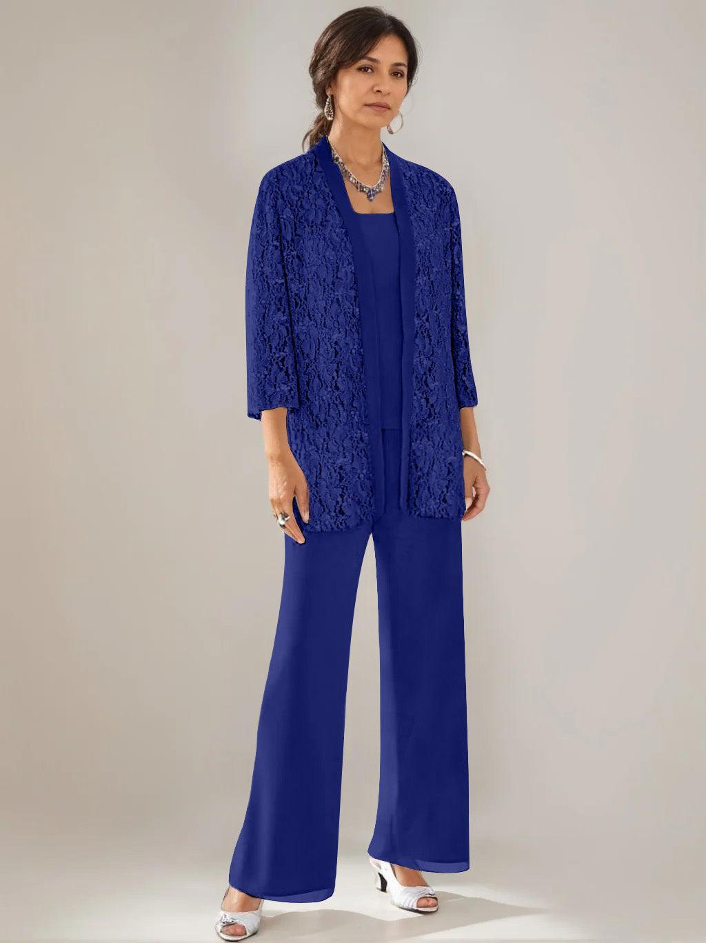 3 Pieces Scoop Neck 3/4 Sleeves Ankle-Length Mother of the Bride Pantsuits with Lace & Sequins & Jacket