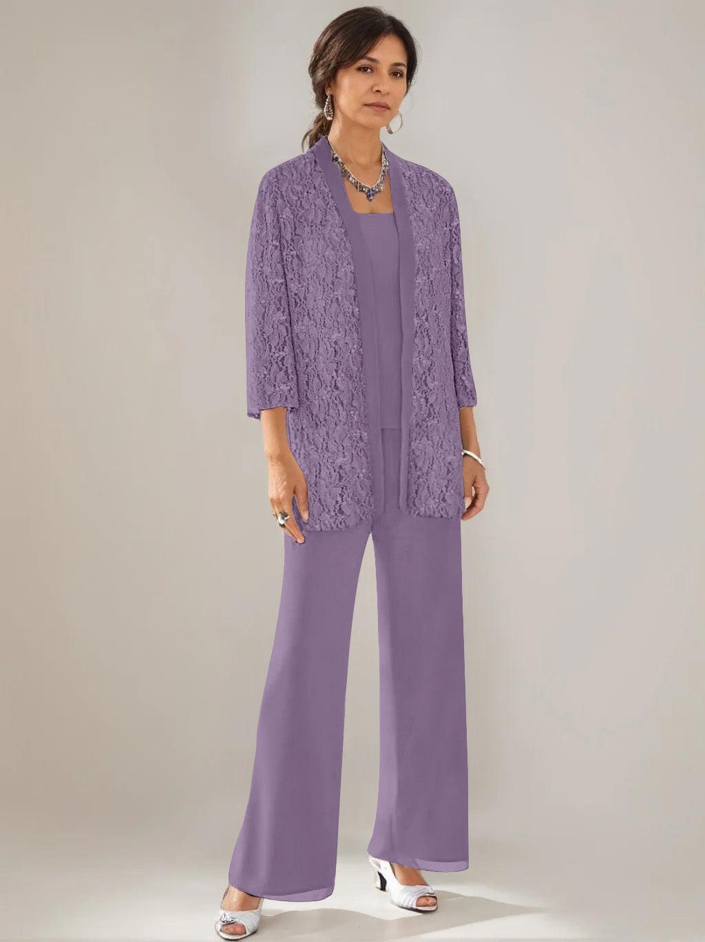3 Pieces Scoop Neck 3/4 Sleeves Ankle-Length Mother of the Bride Pantsuits with Lace & Sequins & Jacket