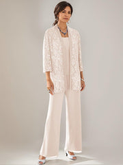 3 Pieces Scoop Neck 3/4 Sleeves Ankle-Length Mother of the Bride Pantsuits with Lace & Sequins & Jacket