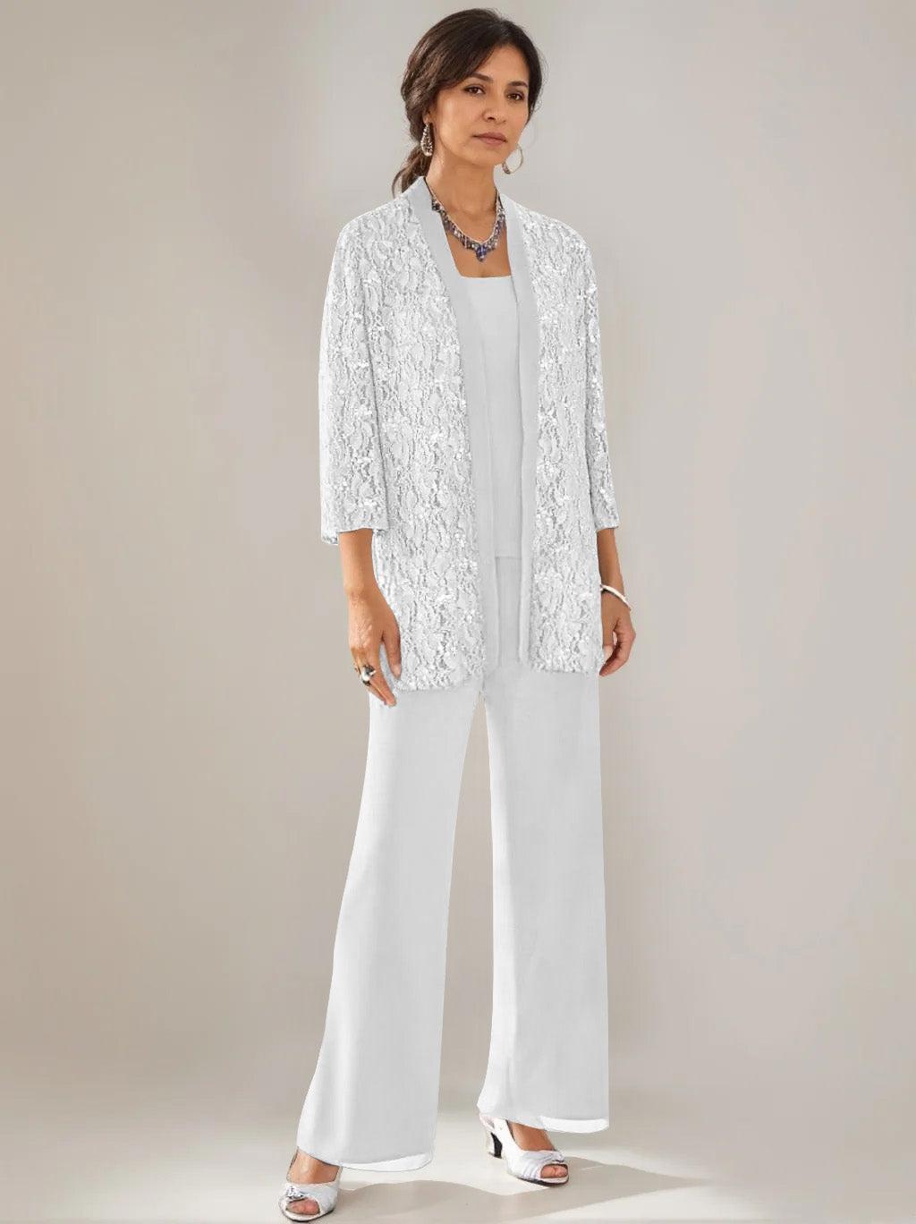3 Pieces Scoop Neck 3/4 Sleeves Ankle-Length Mother of the Bride Pantsuits with Lace & Sequins & Jacket