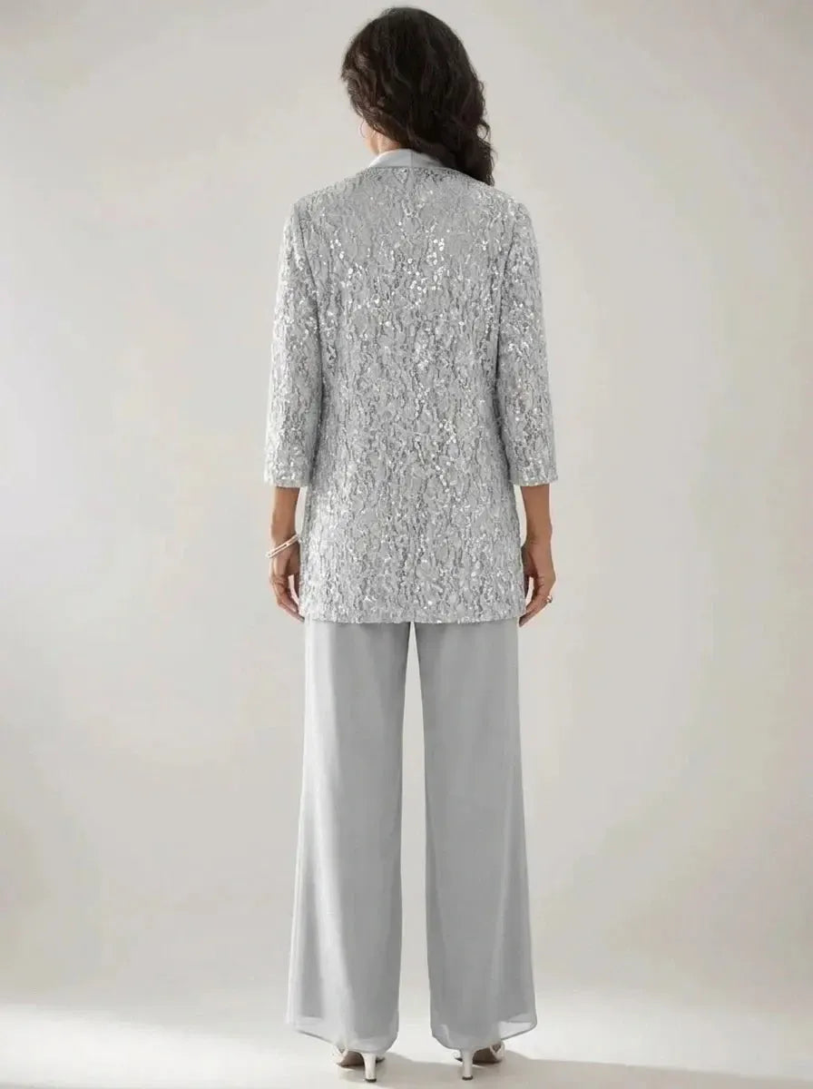 3 Pieces Scoop Neck 3/4 Sleeves Ankle-Length Mother of the Bride Pantsuits with Lace & Sequins & Jacket