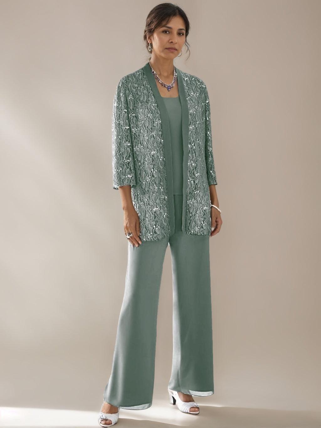 3 Pieces Scoop Neck 3/4 Sleeves Ankle-Length Mother of the Bride Pantsuits with Lace & Sequins & Jacket