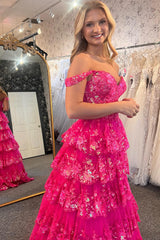 Sparkly Fuchsia Ruffled Long Prom Dress with Slit