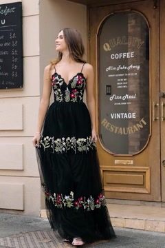 Black A Line Backless Long Prom Dress With Appliques