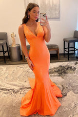 Sparkly Orange Beaded Mermaid Long Prom Dress