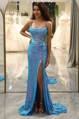 Sparkly Blue Mermaid Long Prom Dress With Slit