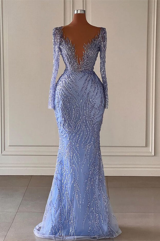 Chic Long Sleeve Sequin Mermaid Evening Dress with V-Neck Beading