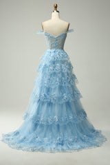 Blue Prom Dress Off The Shoulder Tiered Lace Evening Dress