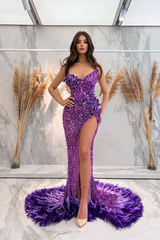 Lavender Sequins Evening Dress Sleeveless Strapless with Slit