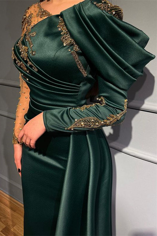 Dark Green Long Sleeves Beads Mermaid Evening Dress with Appliques