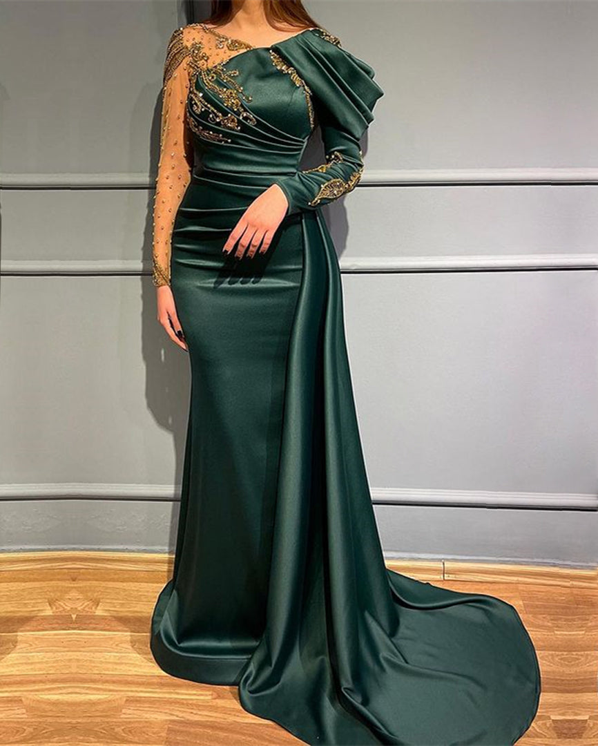 Dark Green Long Sleeves Beads Mermaid Evening Dress with Appliques