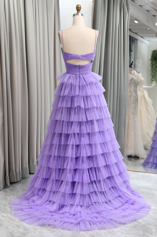 Purple Tulle A Line Tiered Long Prom Dress With Front Slit