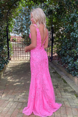 Mermaid Deep V Neck Pink Long Prom Dress with Appliques