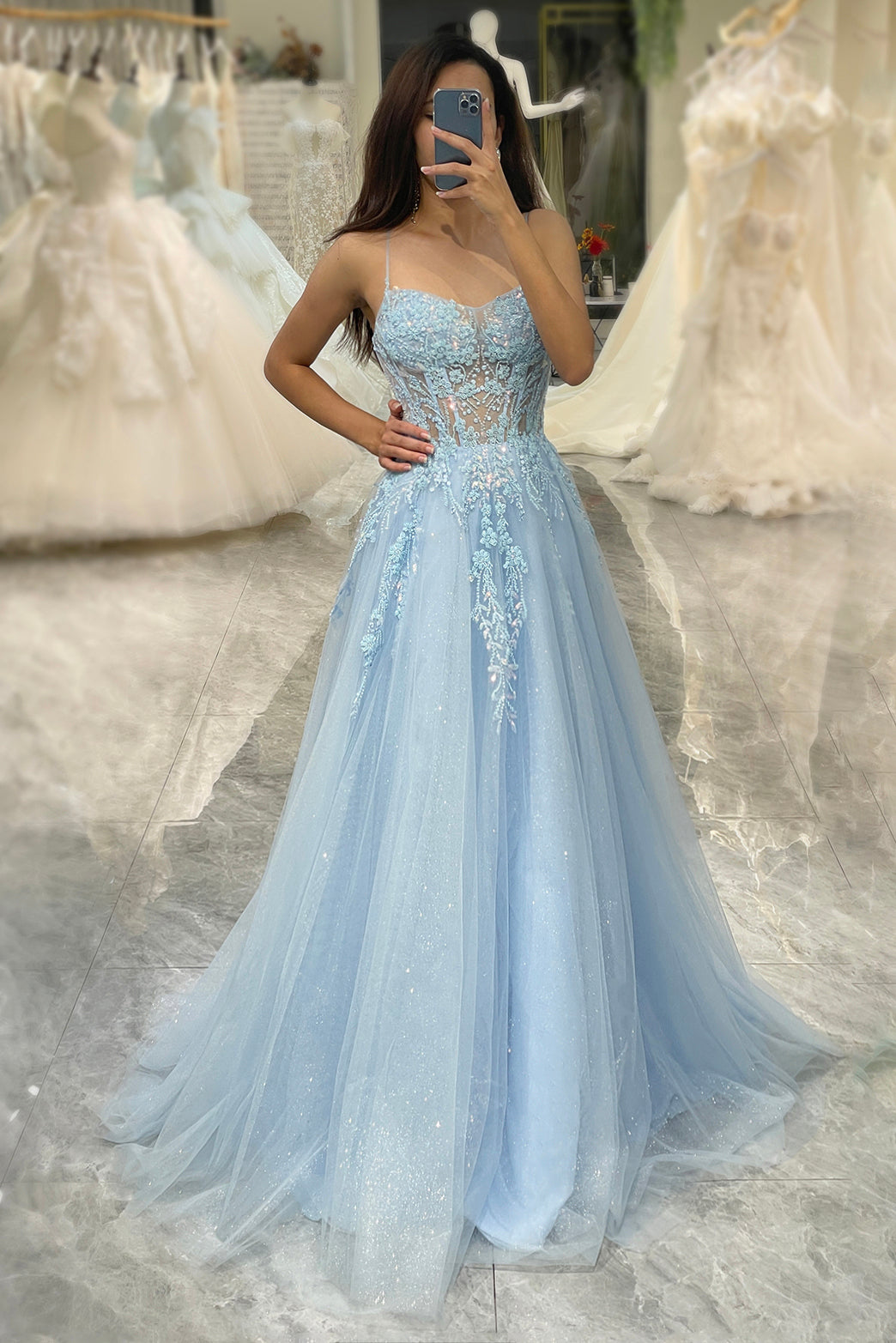 Light Blue A Line Tulle Long Corset Appliqued Prom Dress